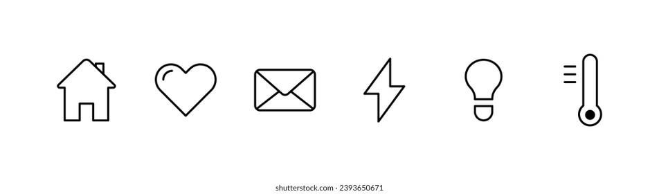 Icons of house, heart, envelope, lightning, light bulb, thermometer. Linear icons for design, isolated house, heart, envelope, lightning, light bulb, thermometer. Vector icons