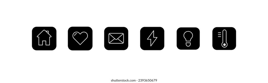 Iconos de casa, corazón, sobre, relámpago, bombilla, termómetro. Iconos negros para el diseño, casa aislada, corazón, sobre, relámpago, bombilla, termómetro. Iconos del vector
