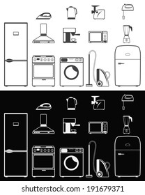 Icons of household appliances on white and black backgrounds