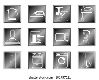 Icons of household appliances on white and black backgrounds