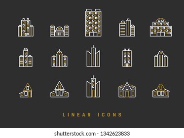 Icons houses, high-rise buildings in linear style. Architectural structure of home skyscrapers icon vector graphic