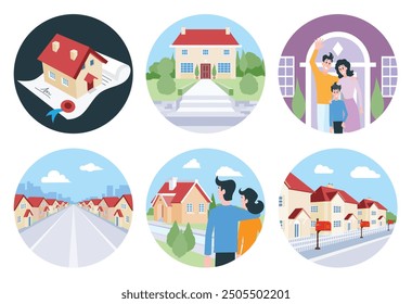 Icons of houses and settlements. Illustrations of neighborhoods and property.