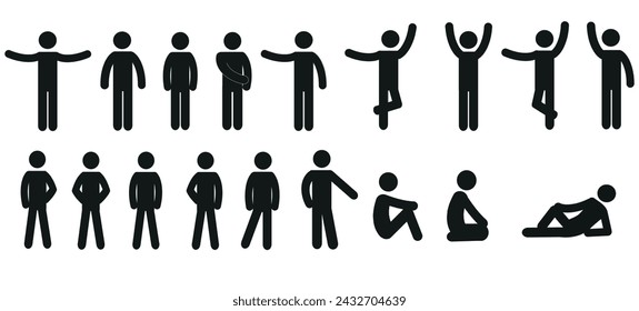  icons of a human figure, a set of silhouettes of human figures, a pictogram, various gestures and poses, a person standing, sitting, lying, flat vector illustration