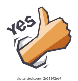 Icons with human hand showing YES vote decision of choice. Stilyzed outline contour drawing with sharp edges. Isolated on white background. Vector illustration.