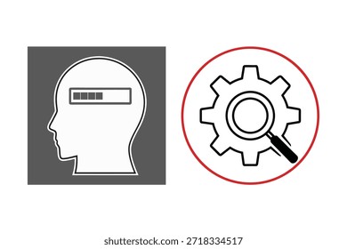 Iconos de cabeza humana con barra de progreso y engranaje con lupa para conceptos de negocios y tecnología