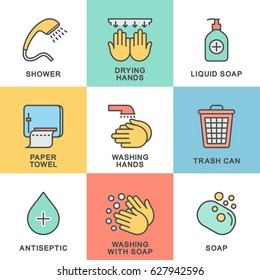 Icons of hygiene. Set contains such Icons as Washing Hands, Shower, Antibacterial Soap and more. The thin contour lines with color fills.