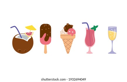 Icons of ice cream on a stick and in a waffle cup and soft drinks. Summer refreshing dessert for holidays and vacations. Cocktails in a glass and coconut. Vector illustration