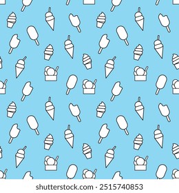 Icons Ice cream seamless pattern on blue background