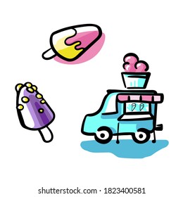 Icons with ice cream truck and popsicles. Pink purple yellow and blue colors vector illustration.