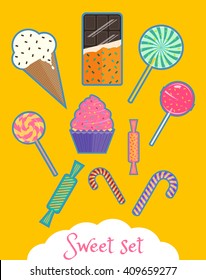 Icons of ice-cream, candies and sweets, chocolate bar, lollipops and canes
