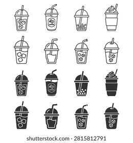 icons of iced coffee and bubble tea drinks in plastic cups with straws vector set on transparent background