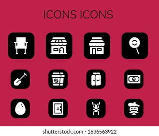 icons icon set. 12 filled icons icons. Included Chair, Shovel, Egg, Shop, Coffee, Safebox, Shin guards, Cricket, Dodge, Money, Artist icons