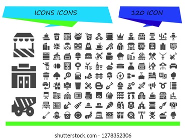  icons icon set. 120 filled icons icons. Simple modern icons about  - Stand, Dump truck, Gym, Coffee, Traffic, Coconut drink, Drink, Organization, Background, Hat, Reading, Store