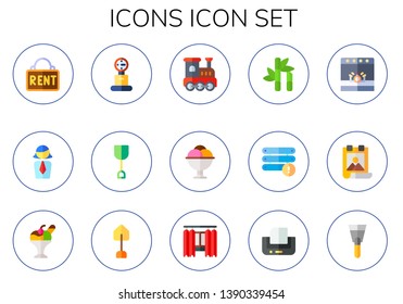 icons icon set. 15 flat icons icons.  Simple modern icons about  - rent, businesswoman, weight, shovel, railroad, ice cream, sugar cane, server, stage, poster, curtain, print