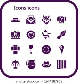 icons icon set. 16 filled icons icons. Included Hat, Communication, Hannya, Ninja, Swimming, Sea urchin, Chair, Kunai, Sofa, Shovel, Ice cream, Carousel, Coffee pot icons