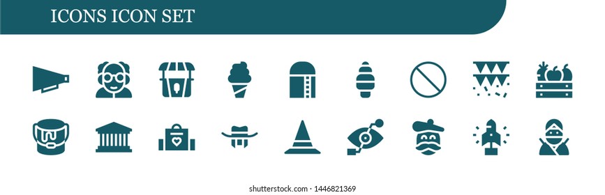 icons icon set. 18 filled icons icons.  Collection Of - Communication, Professor, Stand, Ice cream, Harvest, Forbbiden, Garland, Fruit, Paint bucket, Pantheon, Baby bag, Hat, Bionic eye