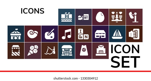 icons icon set. 19 filled icons icons.  Simple modern icons about  - Swimming, Circus, Stand, Ice cream, Fishing, Shop, Superhero, Post office, Winkle, Paint, Music, Periodic table