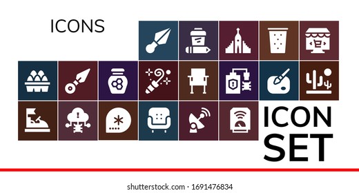 icons icon set. 19 filled icons icons.  Simple modern icons such as: Kunai, Eggs, Bumper car, Virus, Winter, Armchair, Satellite, Heater, Honey, Blower, Chair, Paint, Desert, Coffee