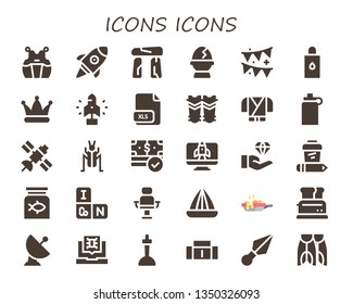 icons icon set. 30 filled icons icons.  Collection Of - Kendo, Startup, Dolmen, Egg, Garland, Body oil, Hat, Xls, Shin guards, Ninja, Isotonic, Satellite, Cricket, Money, Jewelry