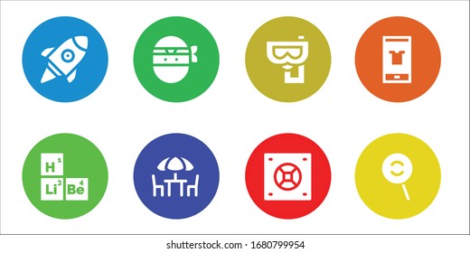 conjunto de iconos. 8 iconos rellenos.  Iconos modernos sencillos, como: Inicio, Mesa Periódica, Ninja, Sillas, Snorkel, Safebox, Moda, Dodge