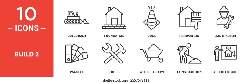 icons illustrating building and construction themes, including bulldozer, foundation, cone, renovation, contractor, palette, tools, wheelbarrow, construction, and architecture.