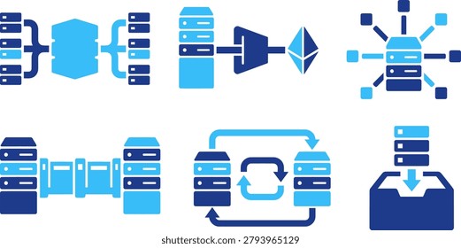 Icons illustrating data management: servers, connections, synchronization, data transfer, cloud storage, and archiving.