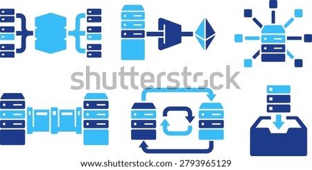 Icons illustrating data management: servers, connections, synchronization, data transfer, cloud storage, and archiving.