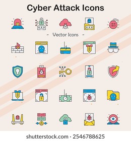 Ícones que ilustram diferentes tipos de ataques cibernéticos e violações de segurança.