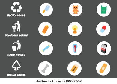Icons illustrating several types of waste sorted. Simple and vivid images suitable for teaching and learning.