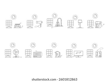Icons illustrating solar energy, solar energy comes from the radiation of the sun and can be utilized in various ways, converting sunlight into electricity, used for power generation in homes and indu