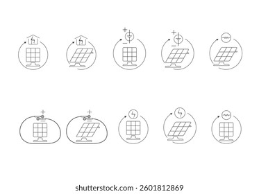 Icons illustrating solar energy, solar energy comes from the radiation of the sun and can be utilized in various ways, converting sunlight into electricity, used for power generation in homes and indu