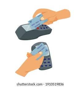 icons illustration payment by card. contactless payment. online purchase. hands put a bank card to the terminal. vector flat. isolated.