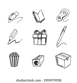 iconos ilustración vector libro de ratón control de lápiz juego regalo caja de bolígrafo