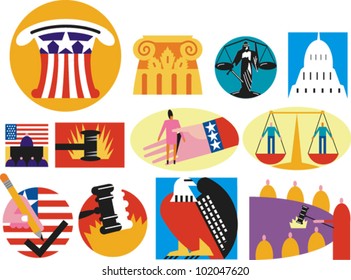 Icons and illustrations depicting government, legislation, politics and justice