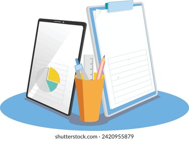 icons or illustrations showing images of iPads, stationery and writing pads