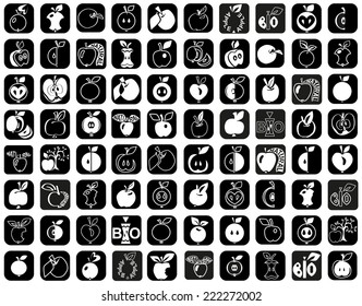 icons with the image of apples whole and in section on a black background
