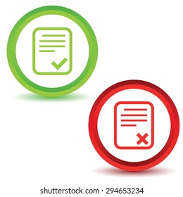 Icons with image of document page with cross or tick mark, isolated on white