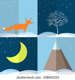 Icons with the image of a fox, tree, moon, mountains