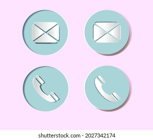 Icons with the image of the phone and envelope. Round embossed buttons.  The buttons are convex and concave. Collection of realistic 3D icons.  Paper cutting and crafting style. 