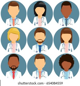 Icons with the image of young doctors of different ethnic groups. Without a face. African-American. In flat style cartoon.