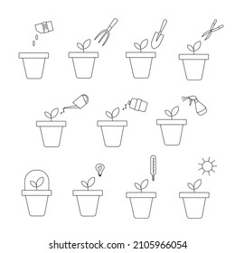 Icons with images of various stages of growing plants in pots: watering, loosening, processing, pruning, watering and others. Suitable for use on websites, in articles, labels. 