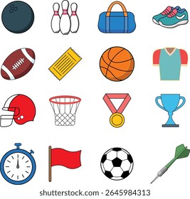 The icons include items like bowling balls and pins, a sports bag, running shoes, an American football, a basketball, a sports jersey, a football helmet, a basketball hoop, a gold medal, a trophy etc.