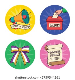 Icons include a megaphone with 'Votes for Women', a ballot box, a suffrage ribbon, and a scroll labeled 'Universal Suffrage'.