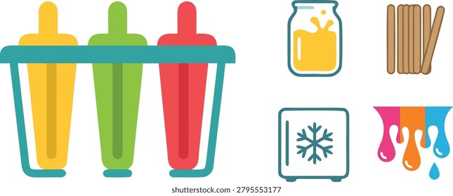 Icons include popsicle molds, ingredients like jam, sticks, freezer symbol, and dripping colors.