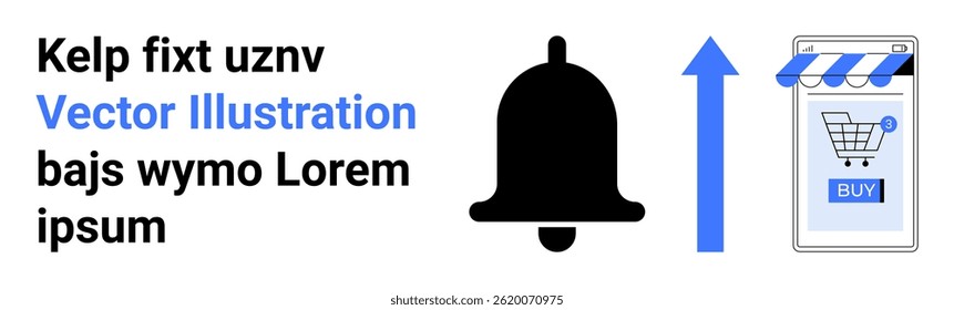 Icons include a shopping cart within a mobile phone, notification bell, and upward blue arrow. Ideal for e-commerce, online shopping, mobile apps, notifications, digital marketing, web design