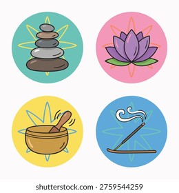 Icons include stacked stones, a lotus flower, a singing bowl, and an incense stick, symbolizing peace and relaxation.