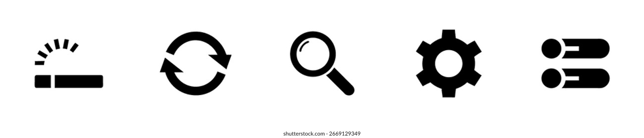 Icons including a loading bar circular arrows magnifying glass gear cylinders graphic