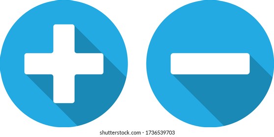 Icons index plus and minus in a blue circle with shadow circular shape