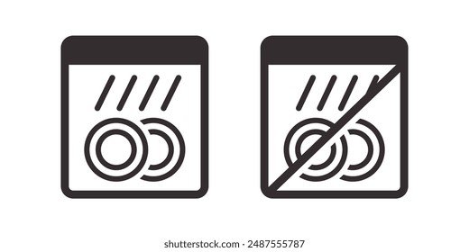 Iconos que indican artículos que pueden y no pueden lavarse en un lavavajillas, útiles para etiquetar platos. Ilustración vectorial.