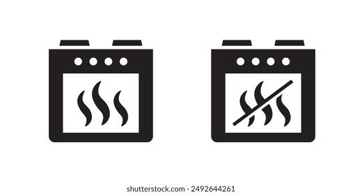 Iconos que indican artículos que pueden y no pueden calentarse en un horno de cocina. Ilustración vectorial.